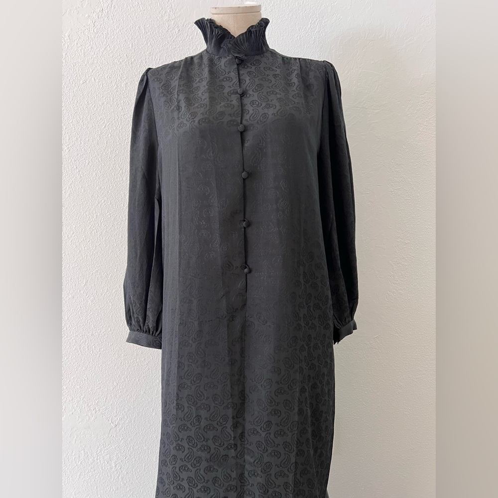 Vintage Ted Lapidus Black Paisley Long Sleeve Dress with high collar